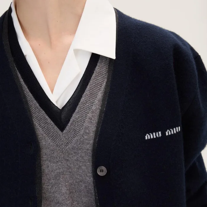 Women Knitwear Miu Miu Silk Cashmere Cardigan Sweater Bluedark Grey Women Knitwear Miu Miu Silk Cashmere Cardigan Sweater Bluedark Grey