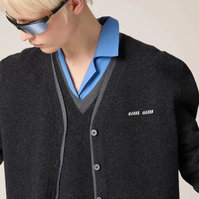 Women Knitwear Miu Miu Silk Cashmere Cardigan Sweater Dark Greyslate Grey Women Knitwear Miu Miu Silk Cashmere Cardigan Sweater Dark Greyslate Grey