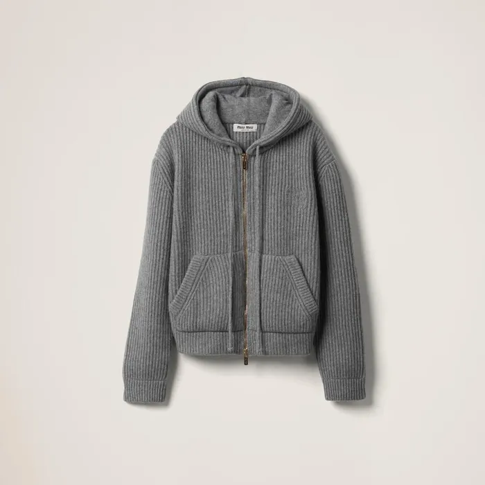Women Knitwear Miu Miu Wool And Cashmere Hoodie Cardigan Marble Gray
