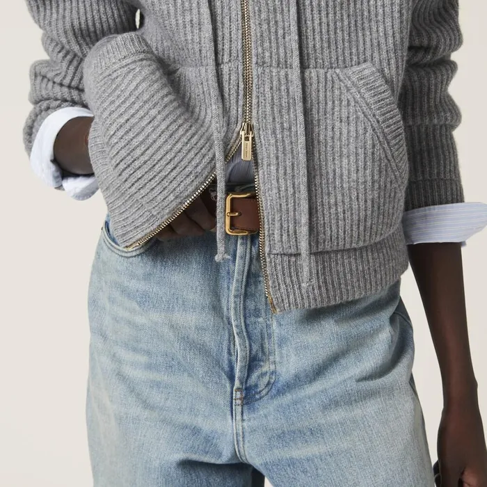 Women Knitwear Miu Miu Wool And Cashmere Hoodie Cardigan Marble Gray Women Knitwear Miu Miu Wool And Cashmere Hoodie Cardigan Marble Gray
