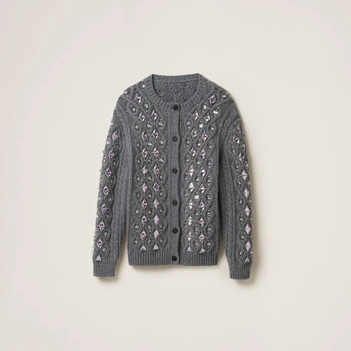 Women Knitwear Miu Miu Wool Knit Cardigan Grey