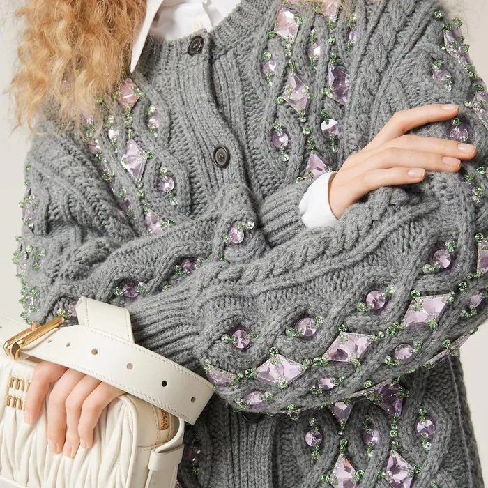 Women Knitwear Miu Miu Wool Knit Cardigan Grey Women Knitwear Miu Miu Wool Knit Cardigan Grey