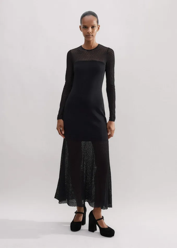 Women Lace Stitch Evening Maxi Dress Black MEEM