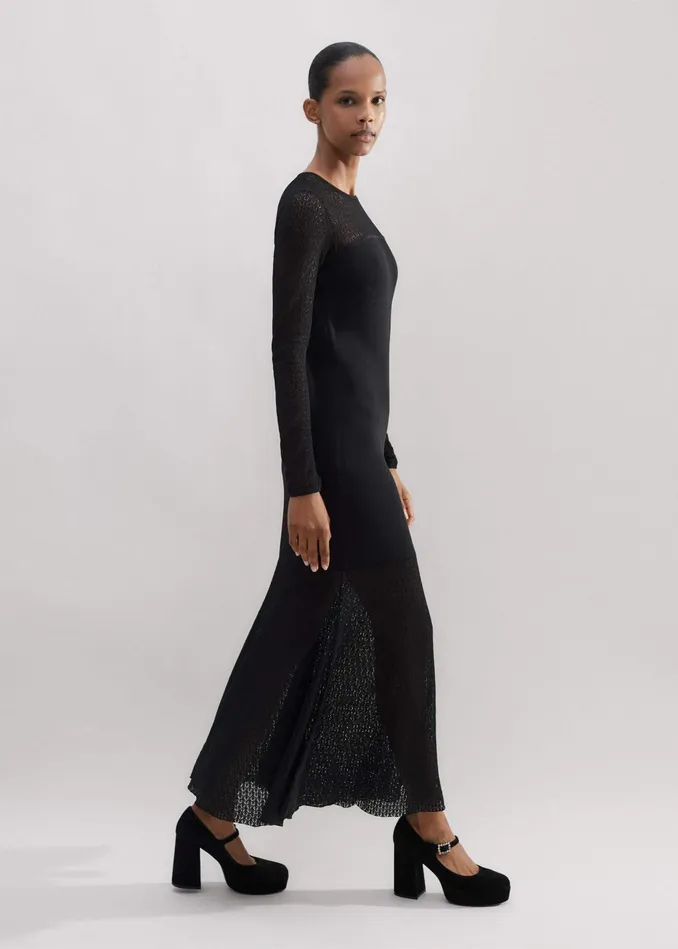 Women Lace Stitch Evening Maxi Dress Black MEEM