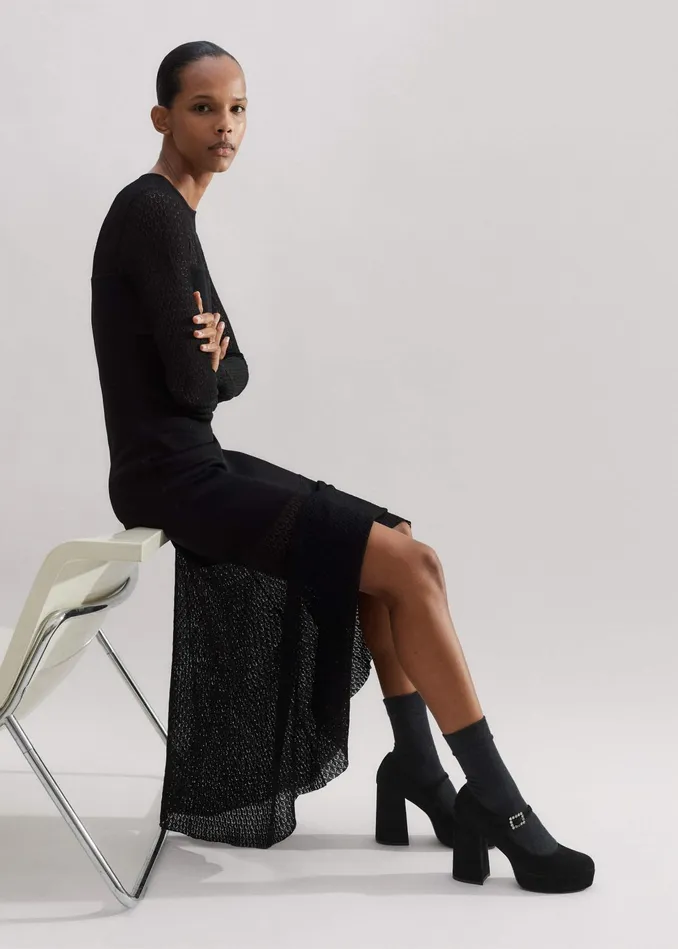 Women Lace Stitch Evening Maxi Dress Black MEEM