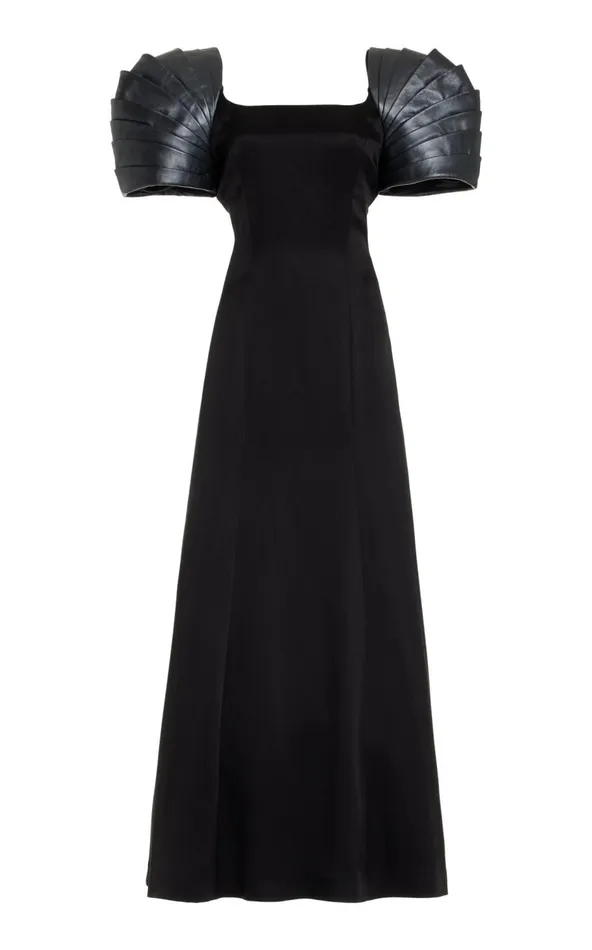 Women Leathers Gabriela Hearst Duchess Dress In Black Silk Satin With Metallic Nappa Leather Shoulders