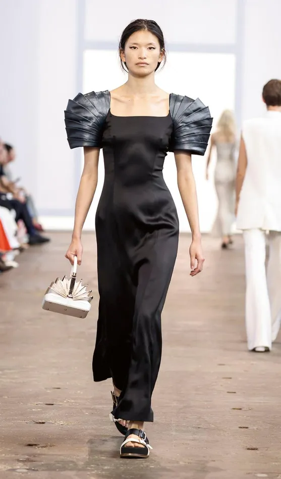 Women Leathers Gabriela Hearst Duchess Dress In Black Silk Satin With Metallic Nappa Leather Shoulders