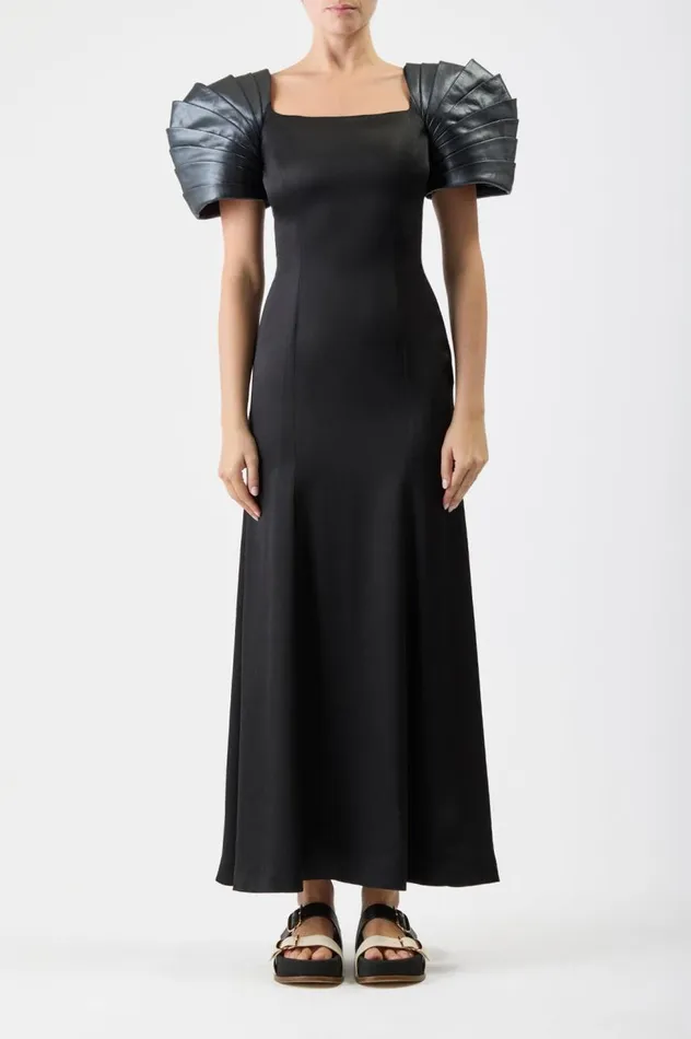 Women Leathers Gabriela Hearst Duchess Dress In Black Silk Satin With Metallic Nappa Leather Shoulders