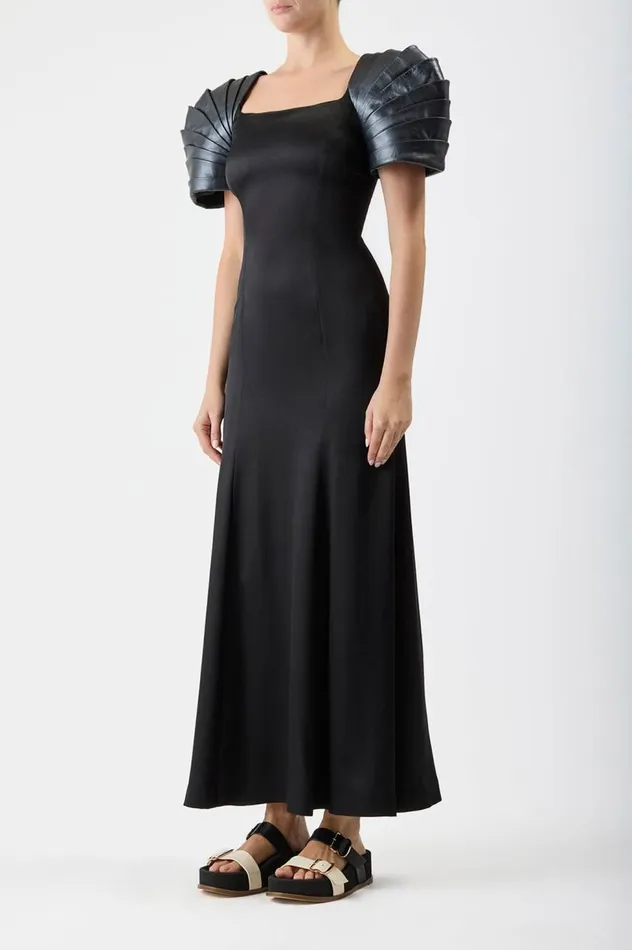 Women Leathers Gabriela Hearst Duchess Dress In Black Silk Satin With Metallic Nappa Leather Shoulders
