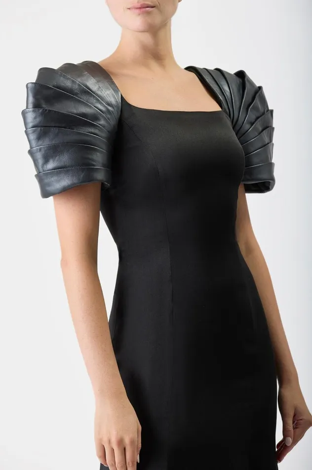 Women Leathers Gabriela Hearst Duchess Dress In Black Silk Satin With Metallic Nappa Leather Shoulders