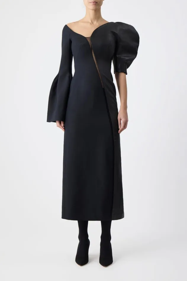 Women Leathers Gabriela Hearst Merlin Dress In Black Wool Silk Cady And Nappa Leather