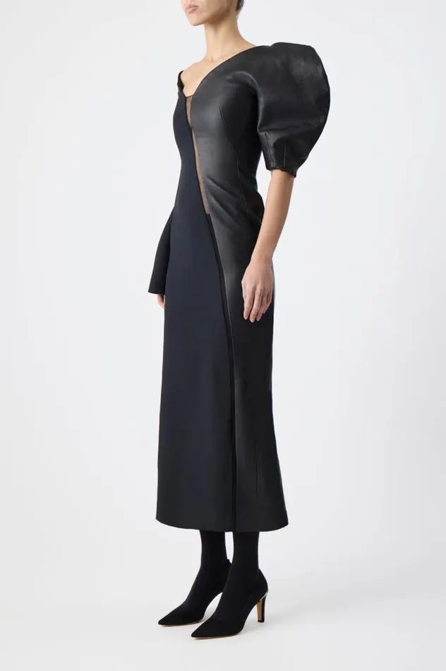 Women Leathers Gabriela Hearst Merlin Dress In Black Wool Silk Cady And Nappa Leather