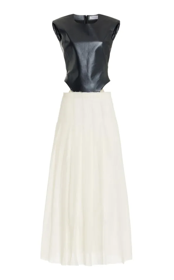 Women Leathers Gabriela Hearst Mina Pleated Dress In Ivory Virgin Wool Cashmere With Metallic Nappa Leather Bodice