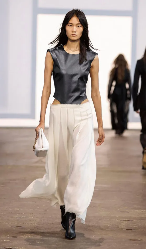 Women Leathers Gabriela Hearst Mina Pleated Dress In Ivory Virgin Wool Cashmere With Metallic Nappa Leather Bodice