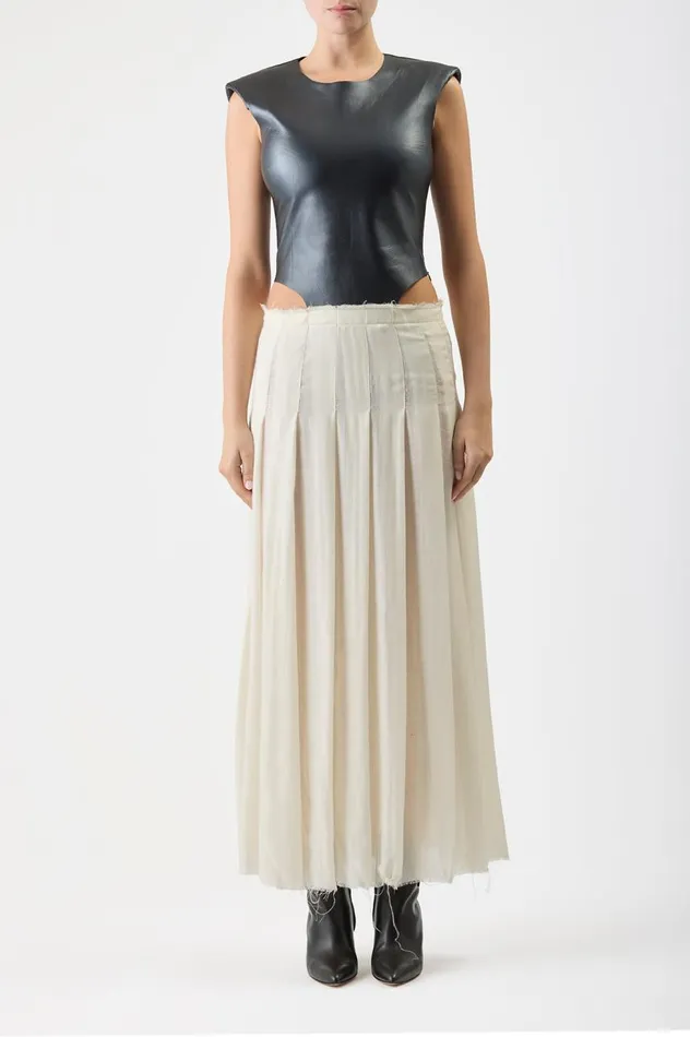 Women Leathers Gabriela Hearst Mina Pleated Dress In Ivory Virgin Wool Cashmere With Metallic Nappa Leather Bodice
