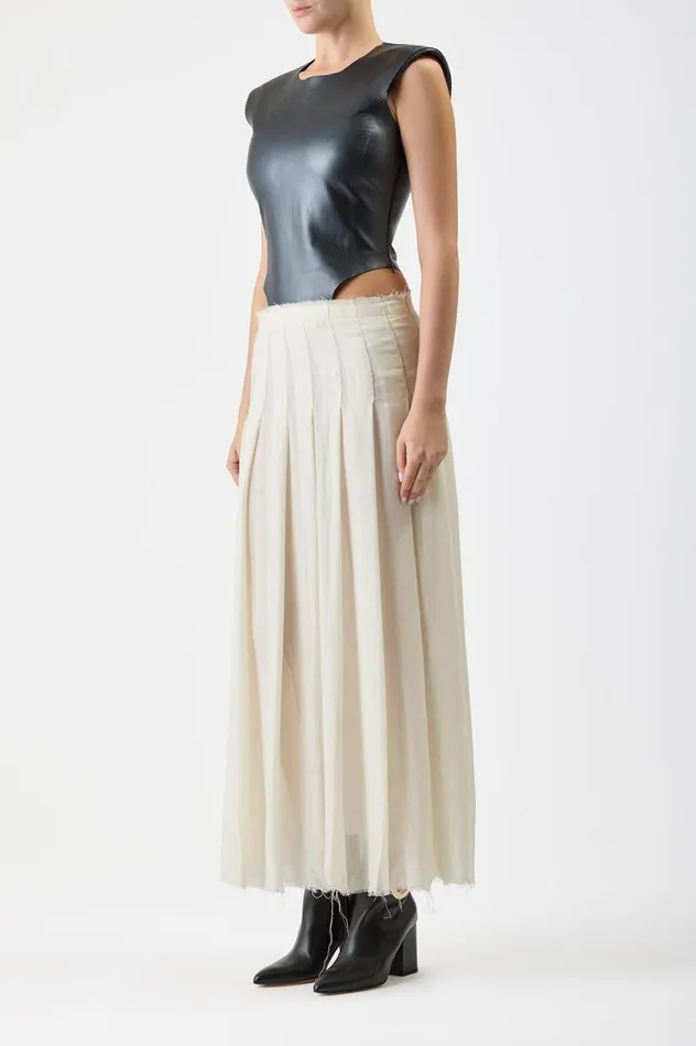 Women Leathers Gabriela Hearst Mina Pleated Dress In Ivory Virgin Wool Cashmere With Metallic Nappa Leather Bodice
