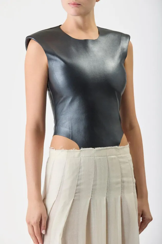 Women Leathers Gabriela Hearst Mina Pleated Dress In Ivory Virgin Wool Cashmere With Metallic Nappa Leather Bodice