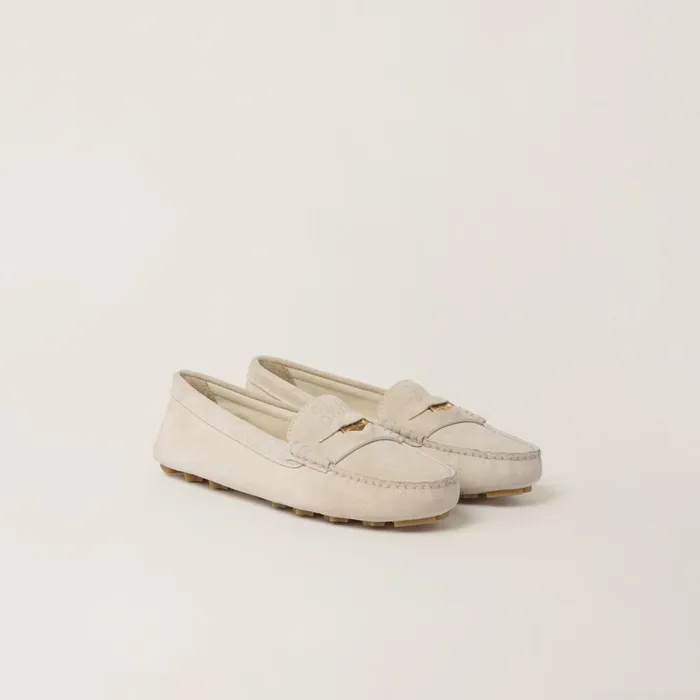 Women Loafers And LaceUps Miu Miu Suede Driving Shoes Chalk
