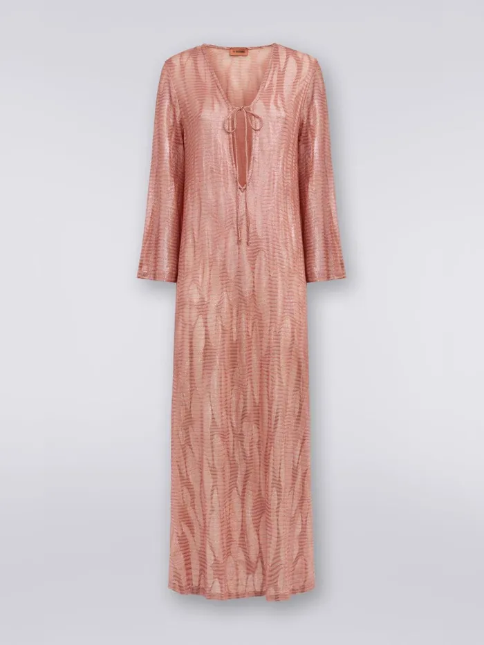 Women Long Jacquard Viscose Kaftan Cover Up With Ties Pink Missoni Beachwear