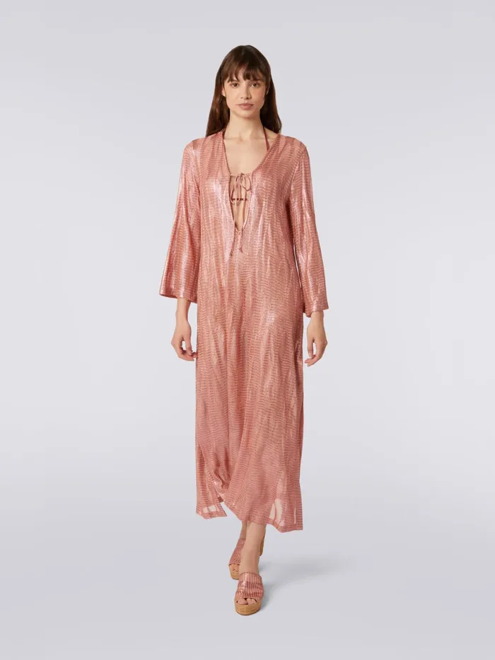 Women Long Jacquard Viscose Kaftan Cover Up With Ties Pink Missoni Beachwear Women Long Jacquard Viscose Kaftan Cover Up With Ties Pink Missoni Beachwear