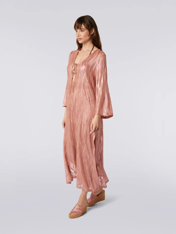 Women Long Jacquard Viscose Kaftan Cover Up With Ties Pink Missoni Beachwear Women Long Jacquard Viscose Kaftan Cover Up With Ties Pink Missoni Beachwear