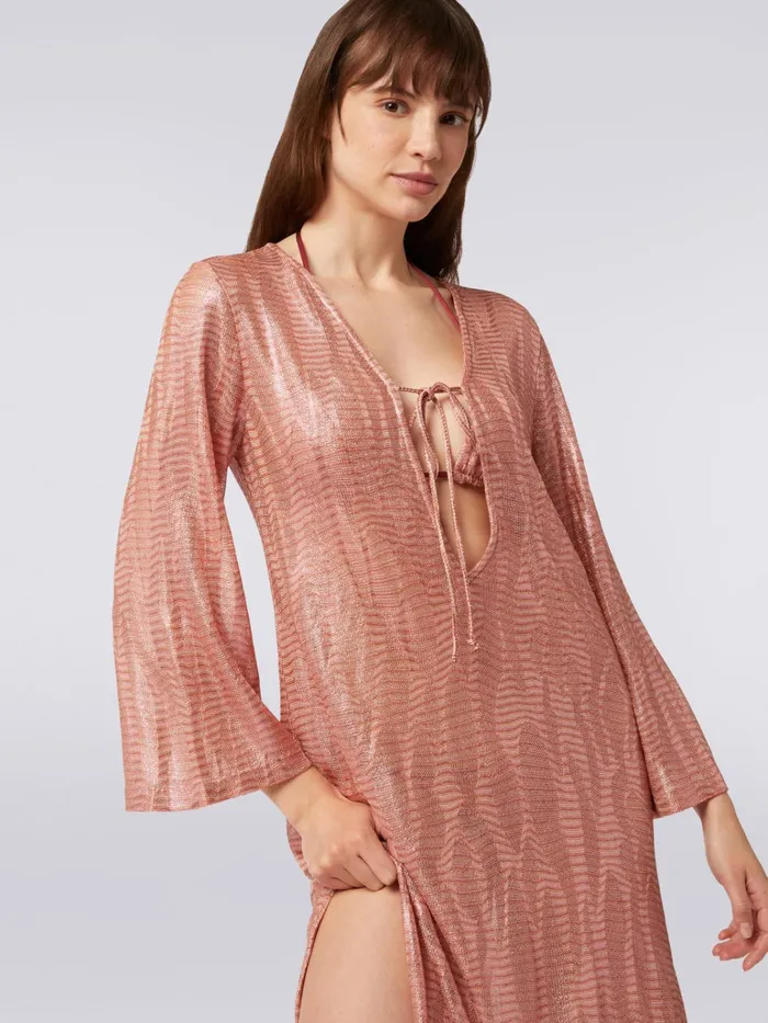 Women Long Jacquard Viscose Kaftan Cover Up With Ties Pink Missoni Beachwear Women Long Jacquard Viscose Kaftan Cover Up With Ties Pink Missoni Beachwear