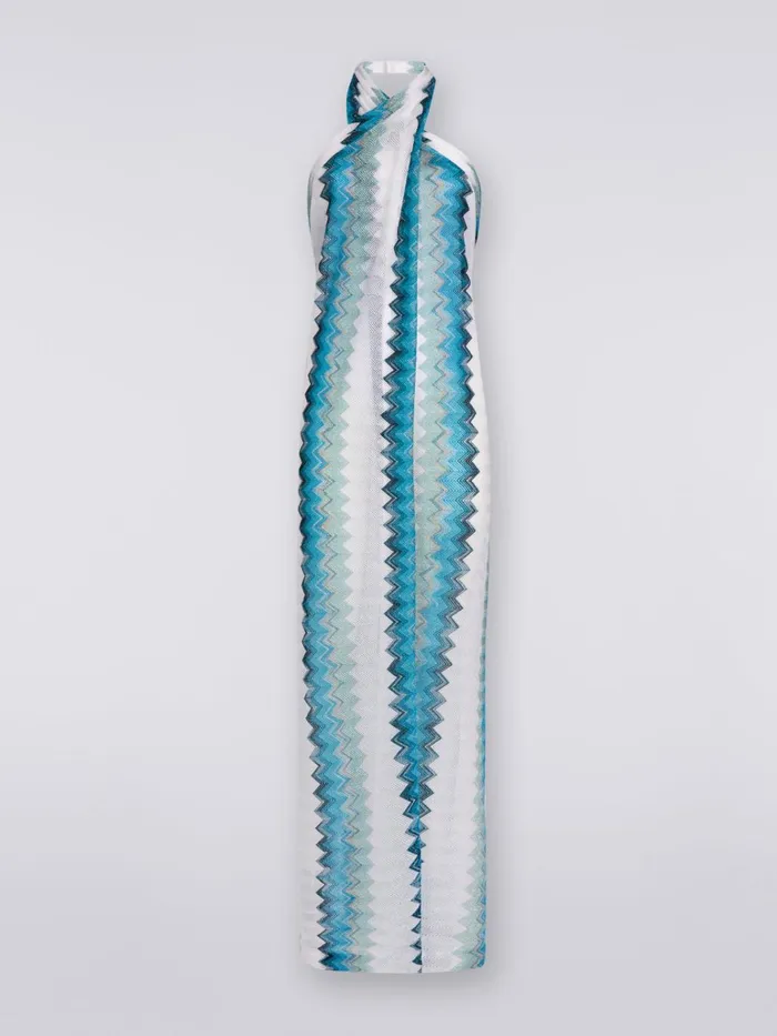Women Long Sarong Piece Cover Up Dress With Lam Zigzag White Blue and Sky Blue Missoni Beachwear
