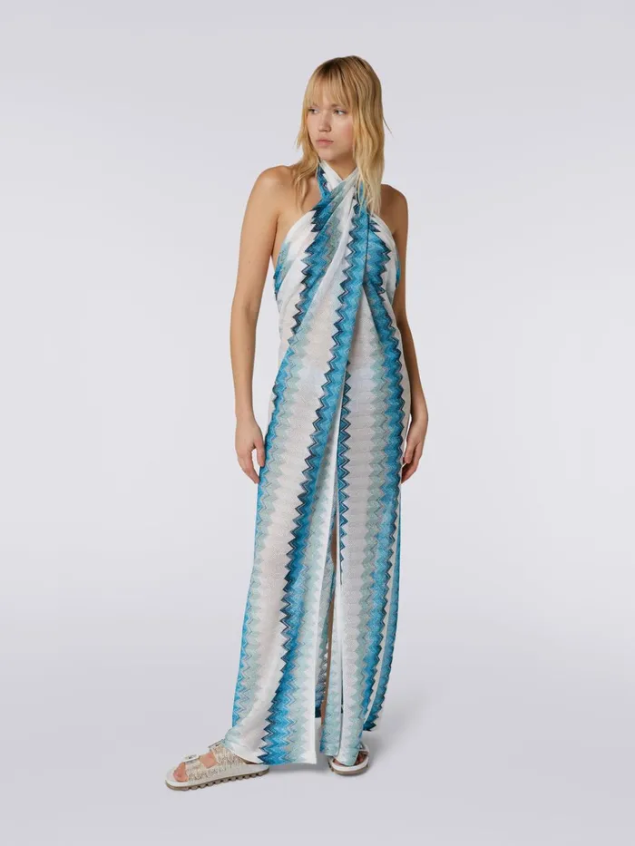 Women Long Sarong Piece Cover Up Dress With Lam Zigzag White Blue and Sky Blue Missoni Beachwear