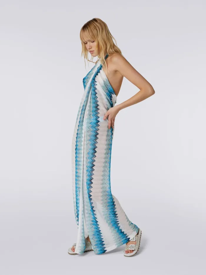 Women Long Sarong Piece Cover Up Dress With Lam Zigzag White Blue and Sky Blue Missoni Beachwear