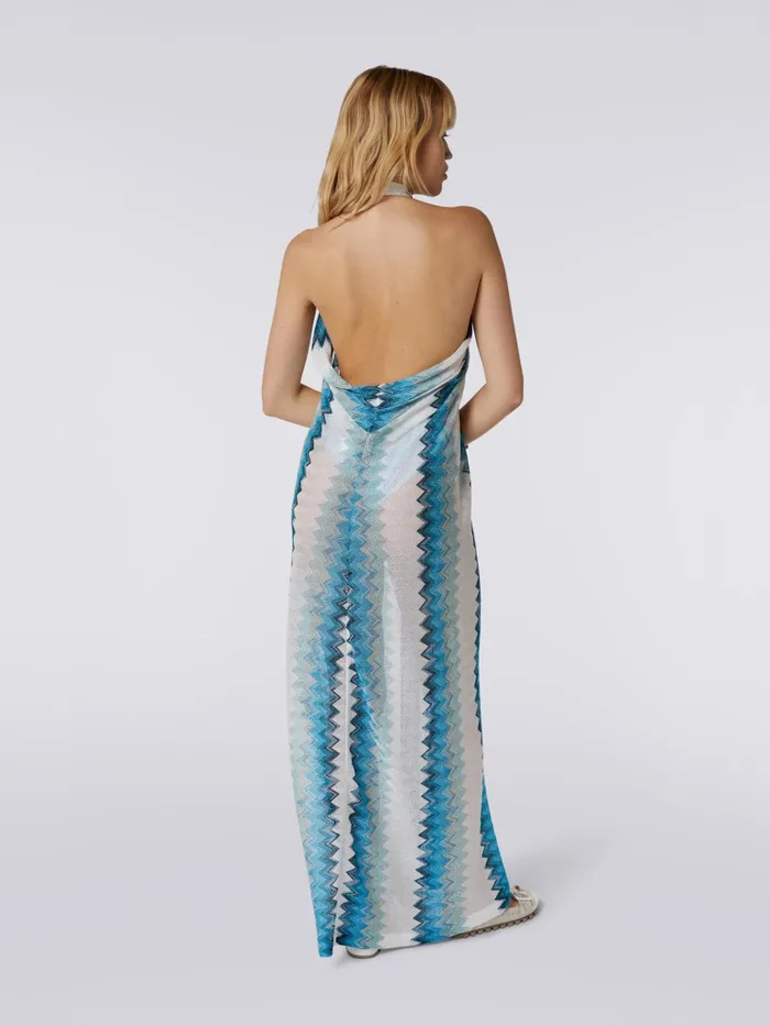 Women Long Sarong Piece Cover Up Dress With Lam Zigzag White Blue and Sky Blue Missoni Beachwear