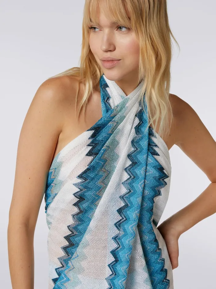 Women Long Sarong Piece Cover Up Dress With Lam Zigzag White Blue and Sky Blue Missoni Beachwear