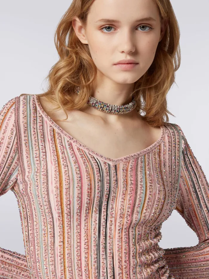 Women LongSleeved Ribbed Sweater With Sequins Pink and Multicoloured Missoni Knitwear