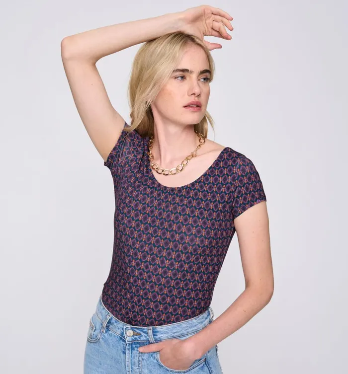 Women Low RoundNeck Top 8211 Navy Blue Print Promod Tops