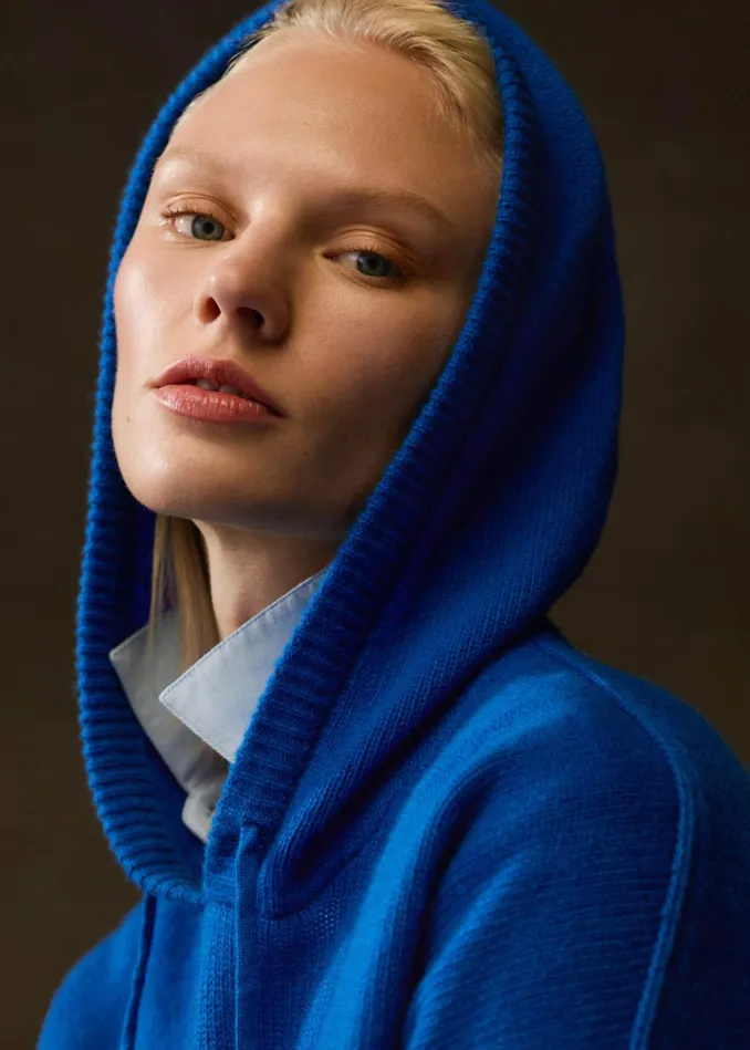 Women Luxe Cashmere Curved Hem Hoodie Sapphire MEEM