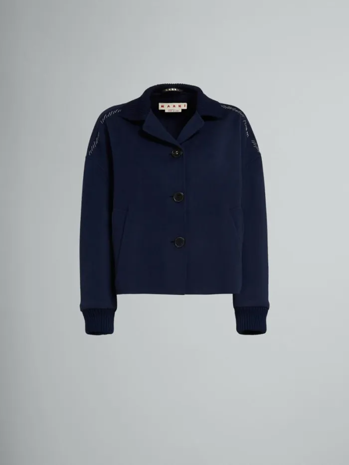 Women Marni Coats and Jackets Deep Blue Wool And Cashmere Jacket With Knit Trims