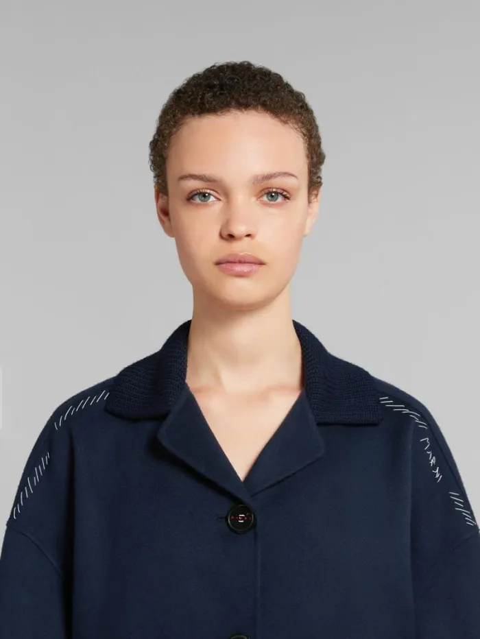 Women Marni Coats and Jackets Deep Blue Wool And Cashmere Jacket With Knit Trims