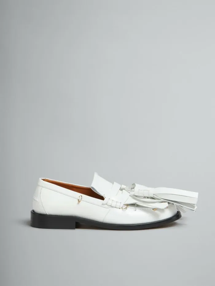 Women Marni Flats White Leather Bambi Loafer With Maxi Tassels