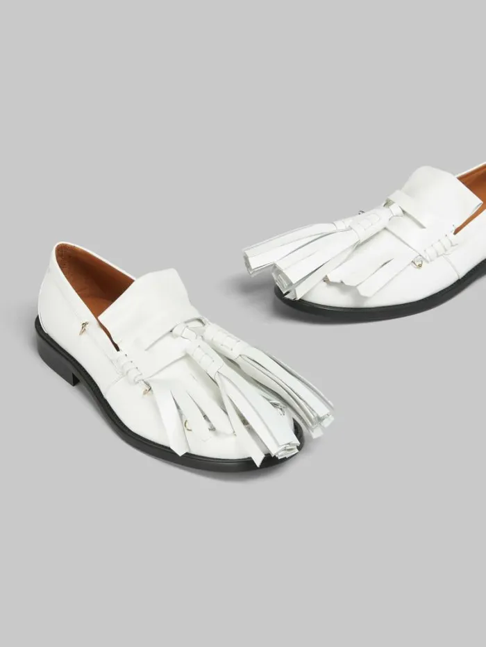 Women Marni Flats White Leather Bambi Loafer With Maxi Tassels