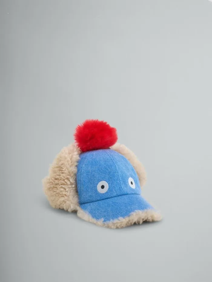 Women Marni Hats Blue Denim Baseball Cap With Pompon Detail