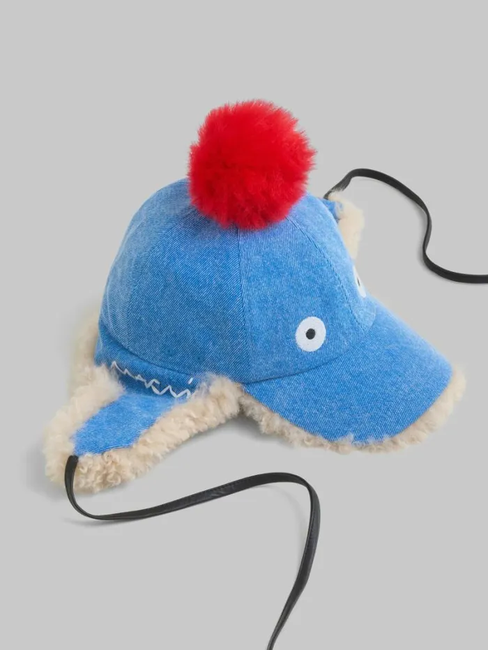 Women Marni Hats Blue Denim Baseball Cap With Pompon Detail