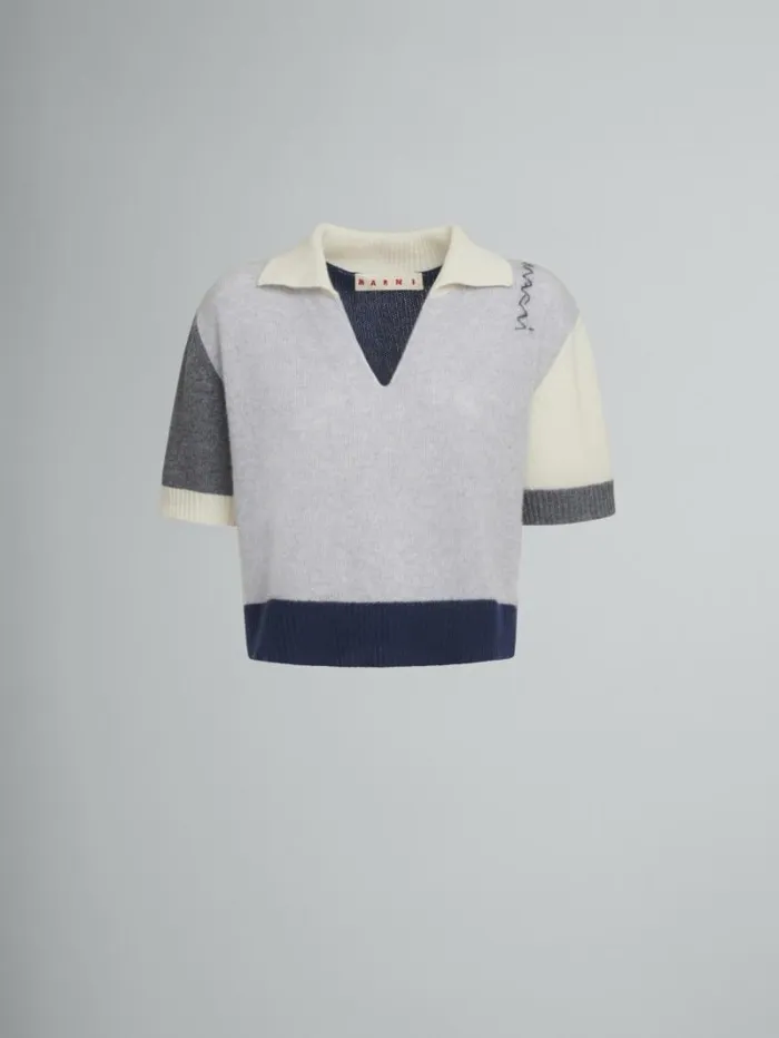 Women Marni Knitwear Grey Cashmere Colour Block Polo Shirt With Marni Symbol