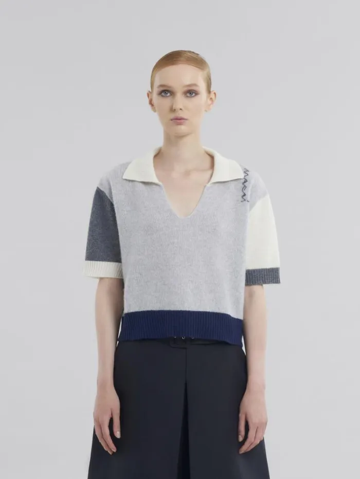Women Marni Knitwear Grey Cashmere Colour Block Polo Shirt With Marni Symbol