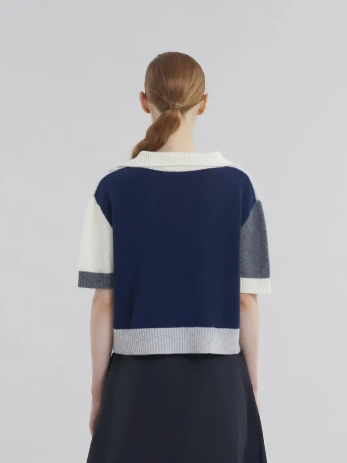 Women Marni Knitwear Grey Cashmere Colour Block Polo Shirt With Marni Symbol
