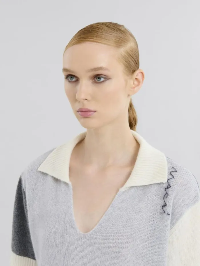 Women Marni Knitwear Grey Cashmere Colour Block Polo Shirt With Marni Symbol