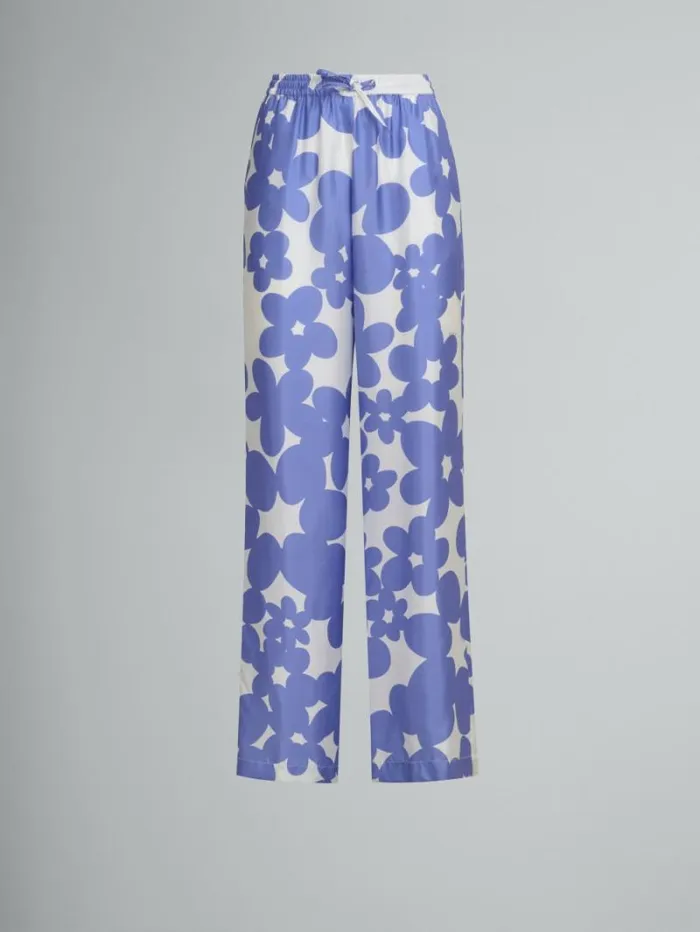 Women Marni Pants Silk Pyjama Trousers With White And Light Blue Dillies Print