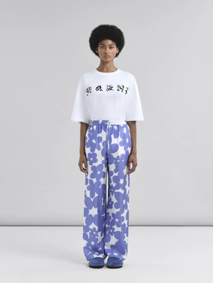 Women Marni Pants Silk Pyjama Trousers With White And Light Blue Dillies Print