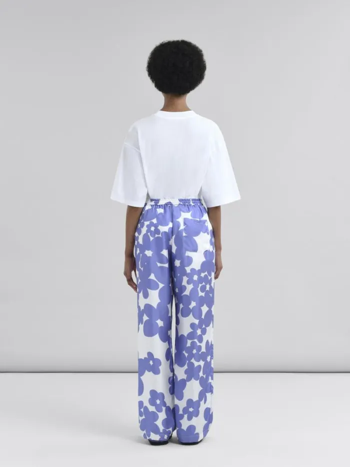 Women Marni Pants Silk Pyjama Trousers With White And Light Blue Dillies Print