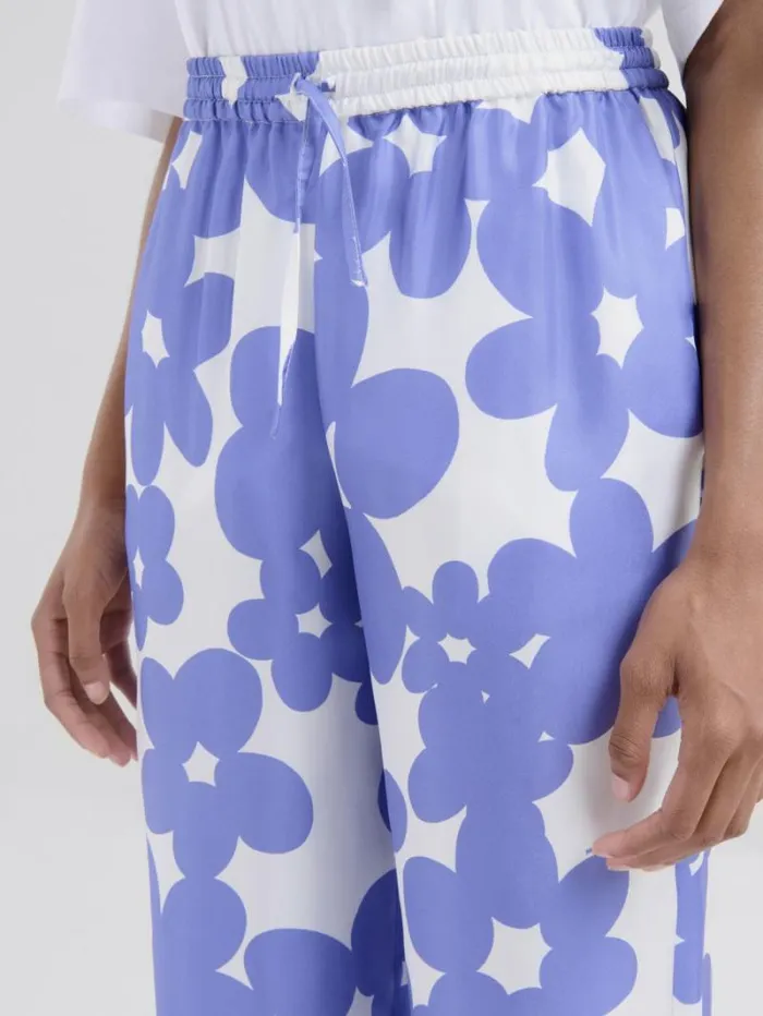 Women Marni Pants Silk Pyjama Trousers With White And Light Blue Dillies Print