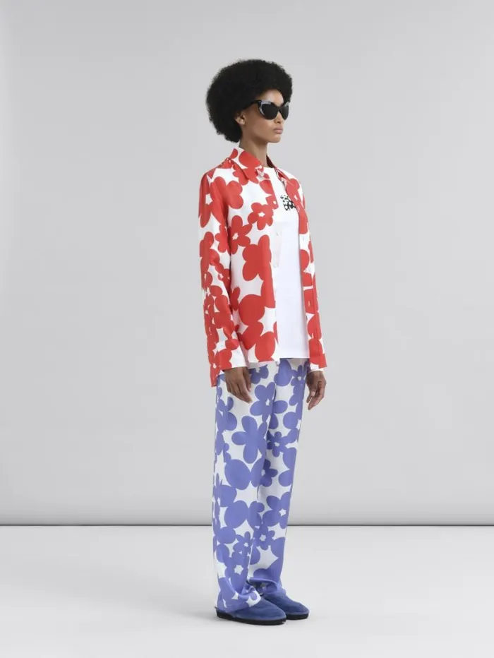Women Marni Pants Silk Pyjama Trousers With White And Light Blue Dillies Print