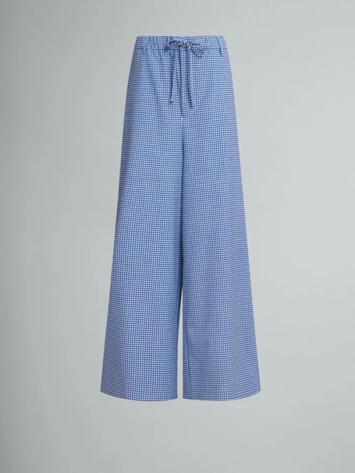 Women Marni Pants Wool Blend Blue And White Checked Drawstring Trousers